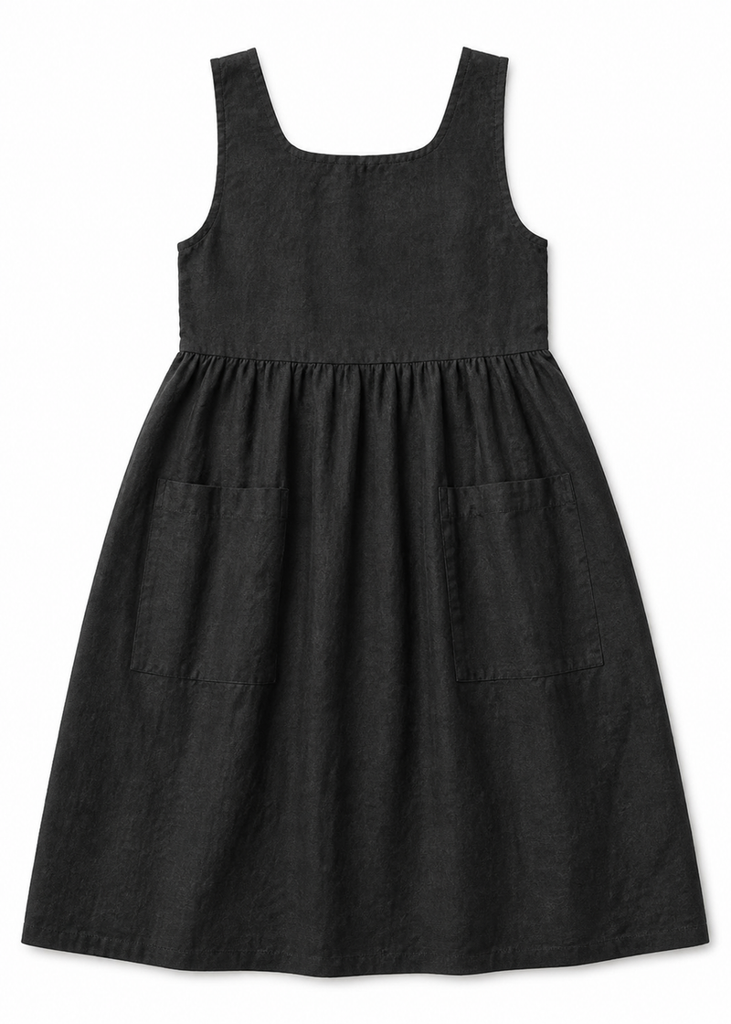 Linen Pinafore Midi Dress with Patch Pockets in Linen in Black — flat lay