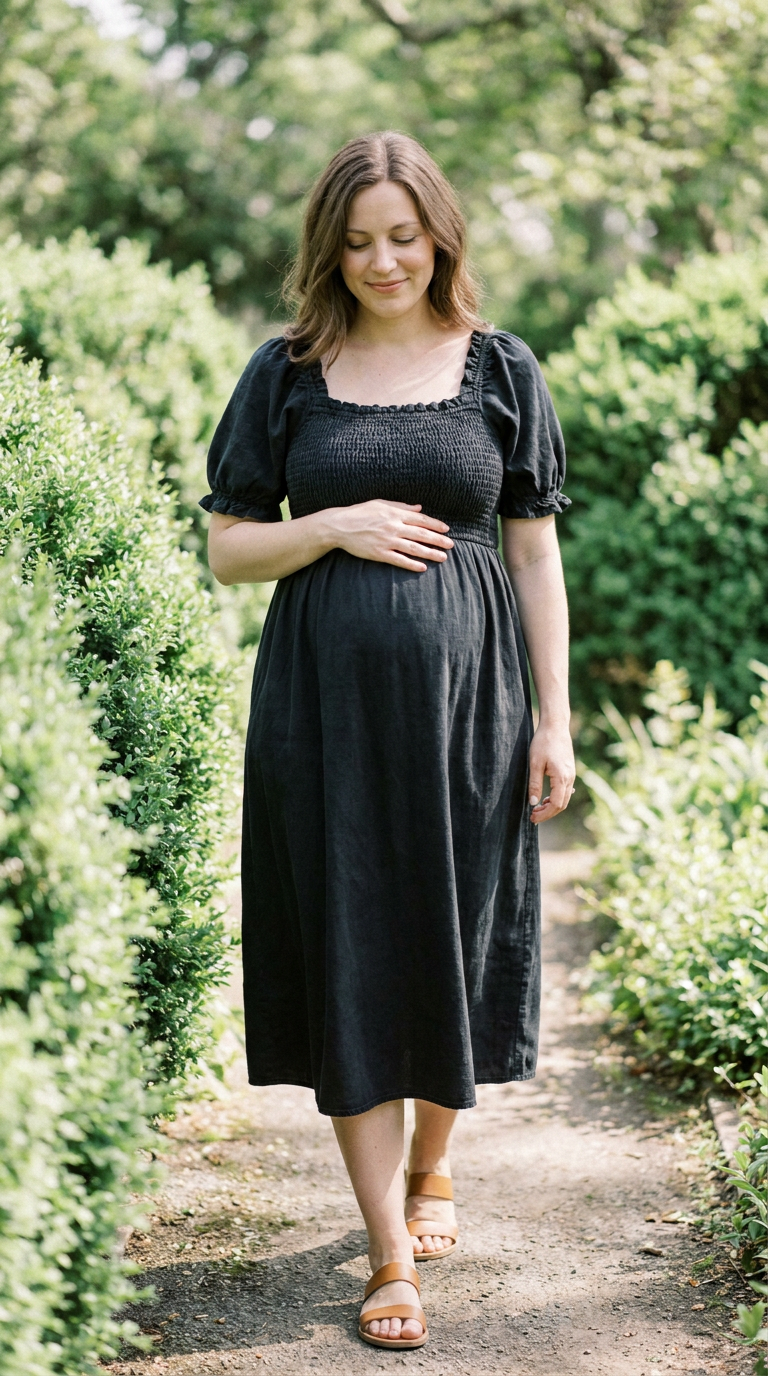 Smocked Short Sleeve Maternity Midi Dress in Black — on model