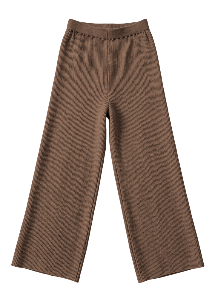 Flat lay of the Mocha Ribbed Knit Wide-Leg Pants in Cotton Cashmere