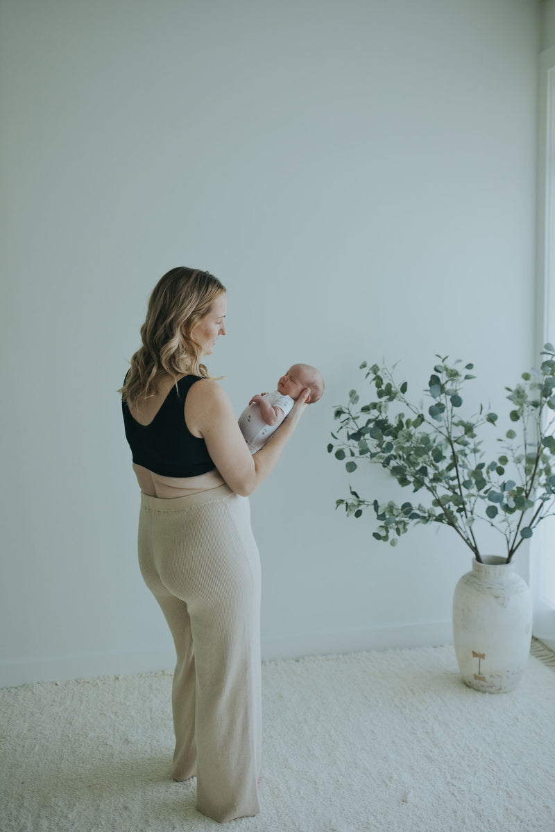Side back view of the Oatmeal Ribbed Knit Wide-Leg Pants