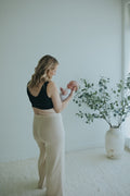 Back view of the Oatmeal Ribbed Knit Wide-Leg Pants