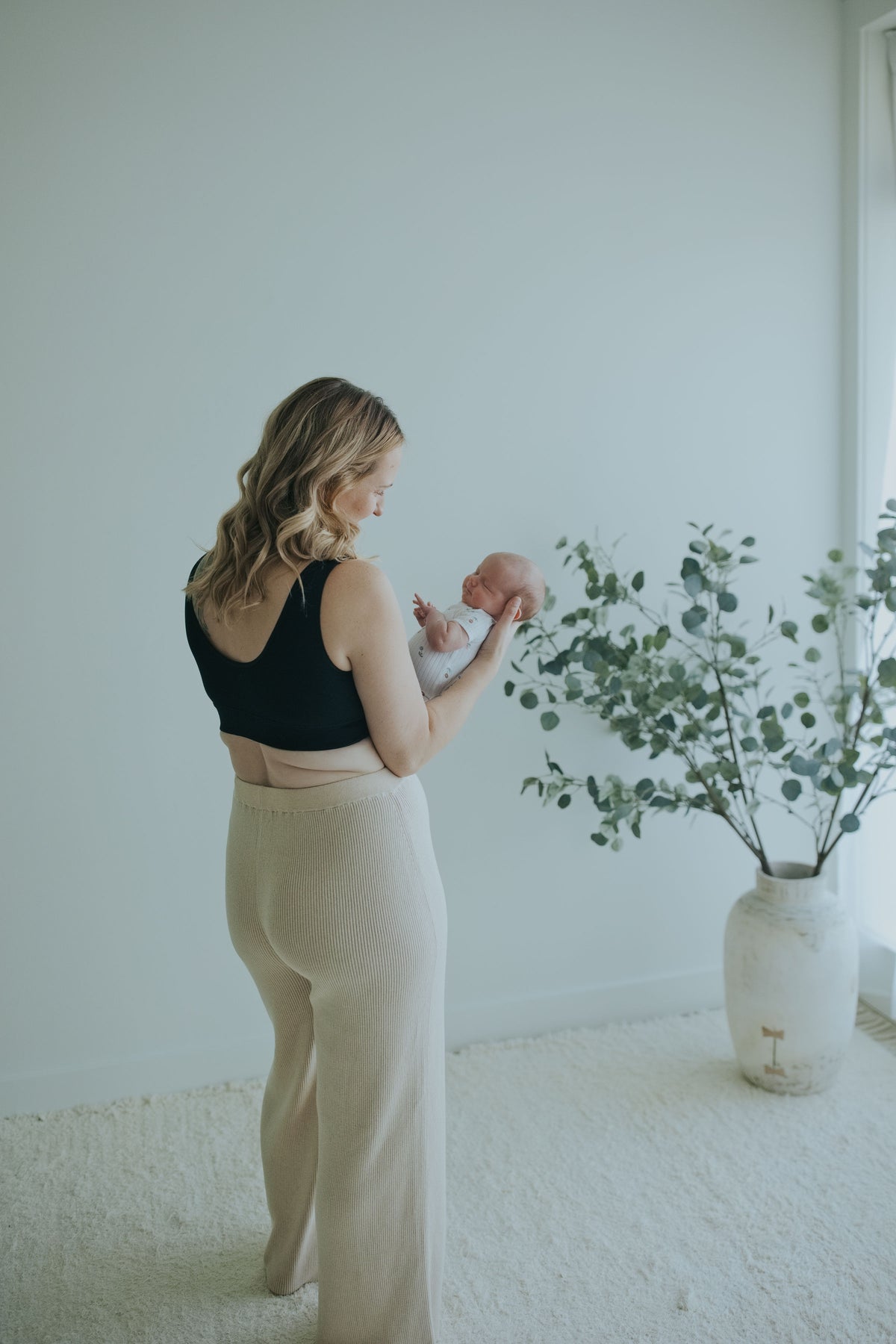 Back view of the Oatmeal Ribbed Knit Wide-Leg Pants