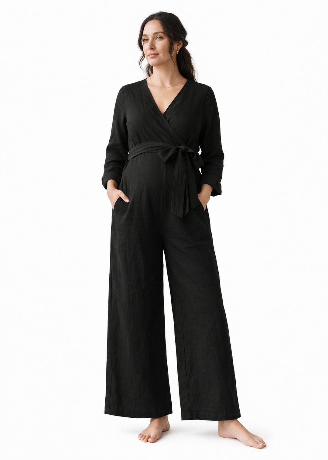 Wrap-Front Wide-Leg Nursing Linen Jumpsuit in Linen in Black — on model