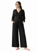 Wrap-Front Wide-Leg Nursing Linen Jumpsuit in Linen in Black — on model