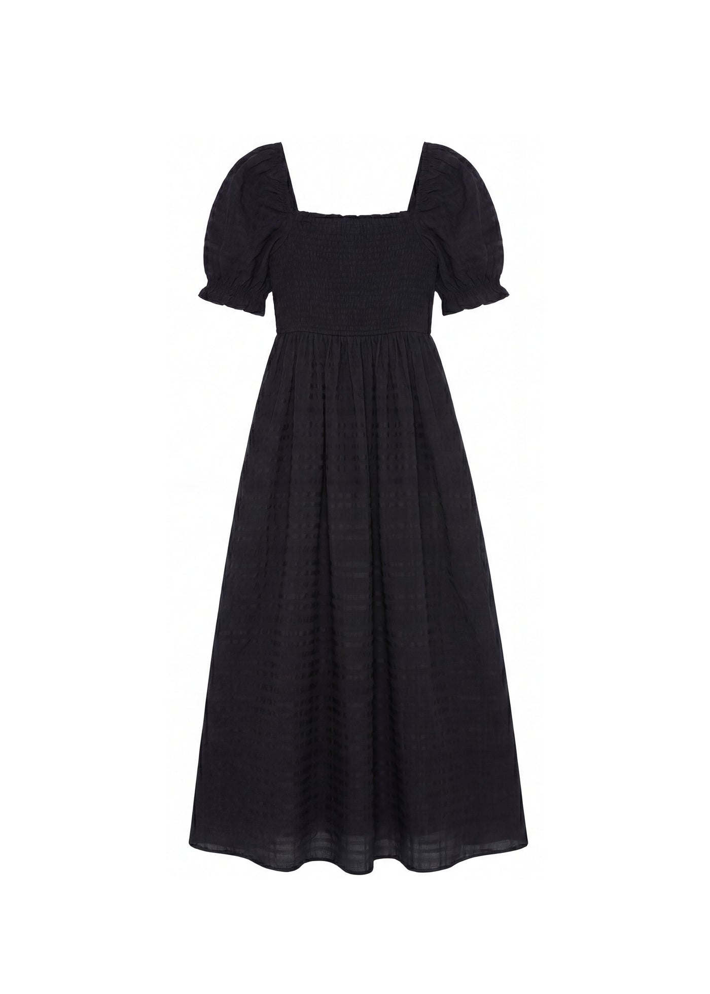 Black cotton gauze maxi dress with square neck, smocked bodice, and puffed sleeves.