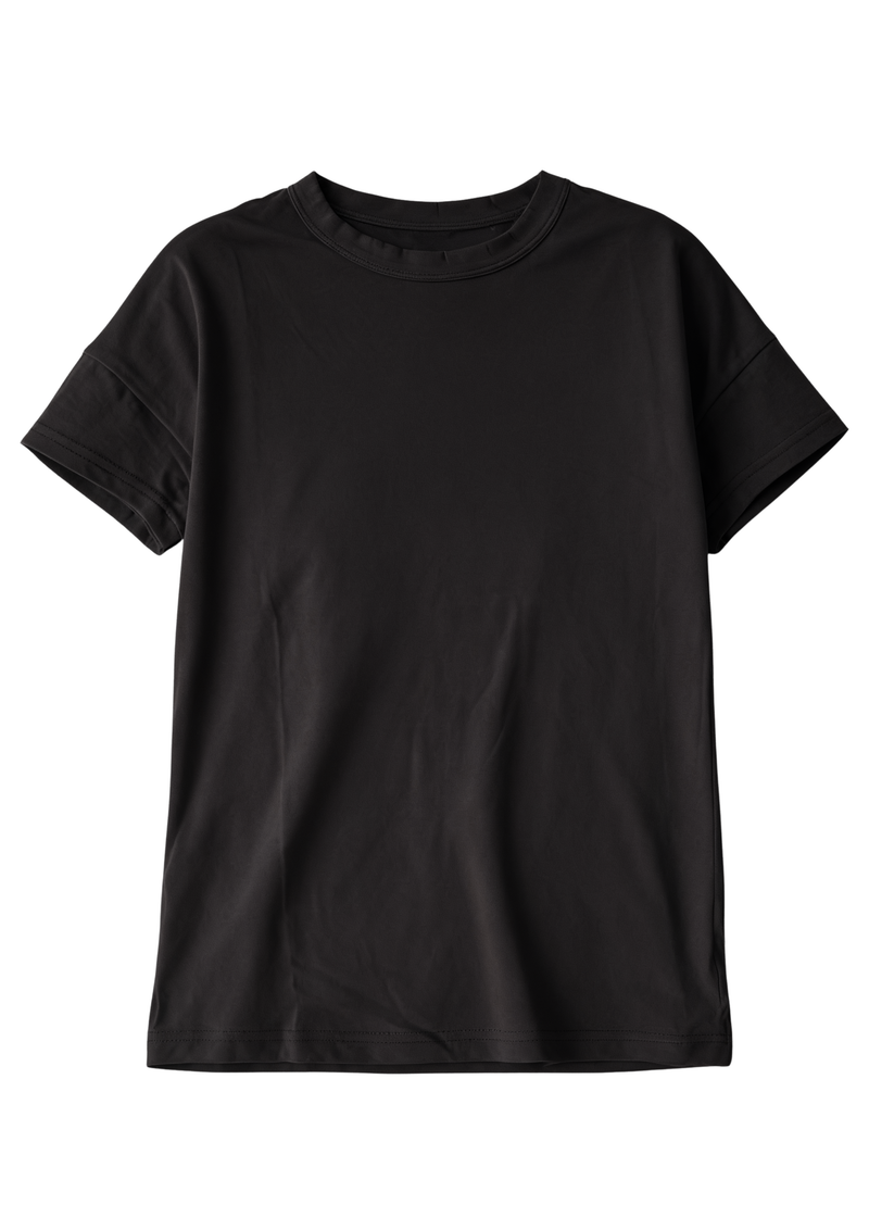 Black cotton fleece short-sleeve lounge top with a relaxed fit.