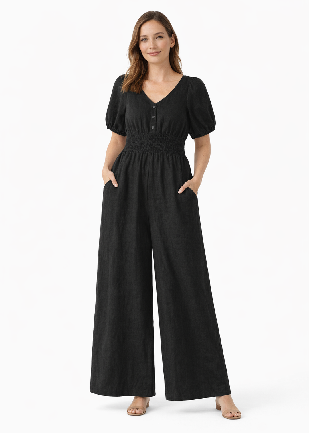 Smocked-Waist Wide-Leg Linen Jumpsuit in Linen in Black — on model