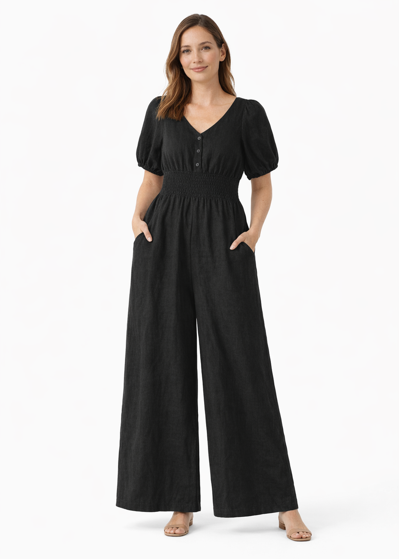 Smocked-Waist Wide-Leg Linen Jumpsuit in Linen in Black — on model