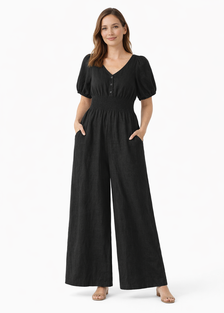 Smocked-Waist Wide-Leg Linen Jumpsuit in Linen in Black — on model