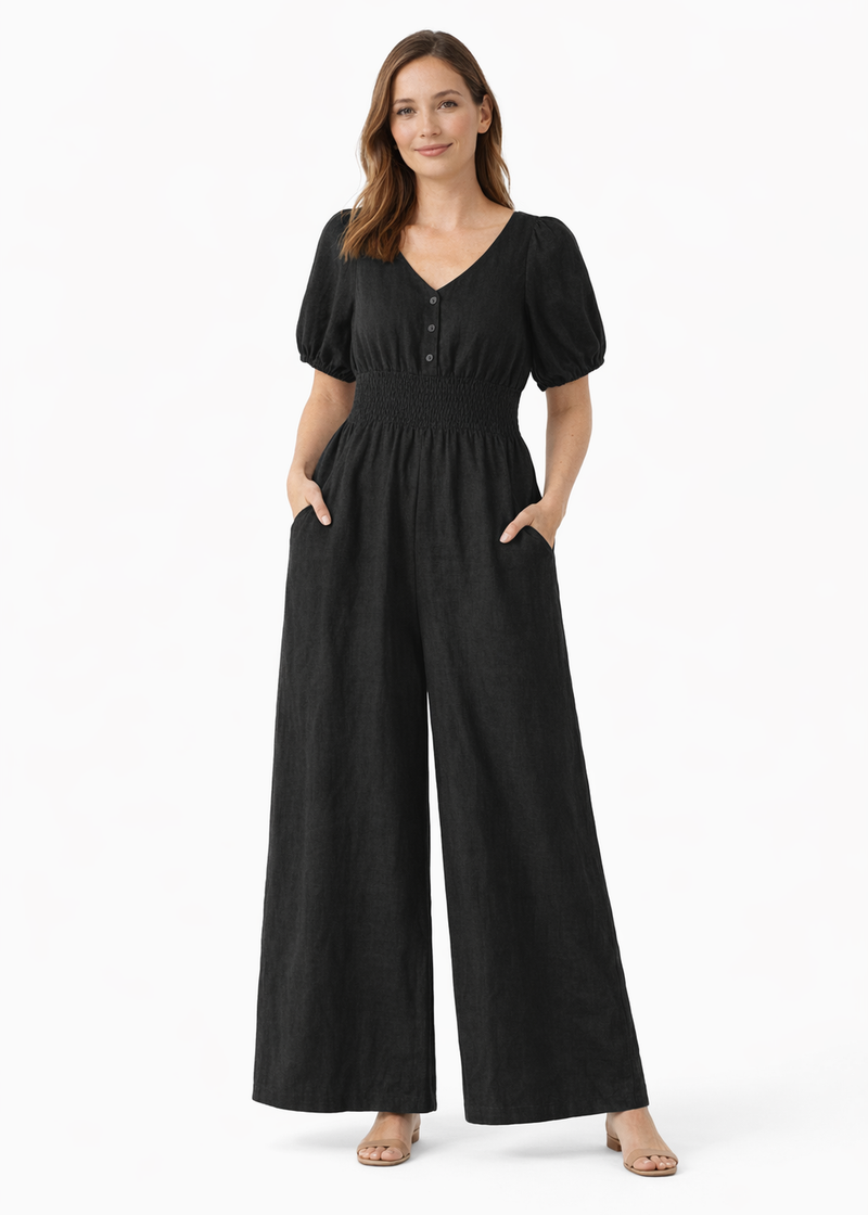 Smocked-Waist Wide-Leg Linen Jumpsuit in Linen in Black — on model
