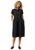 Striped Linen Button-Front Midi Dress in Linen in Black — on model
