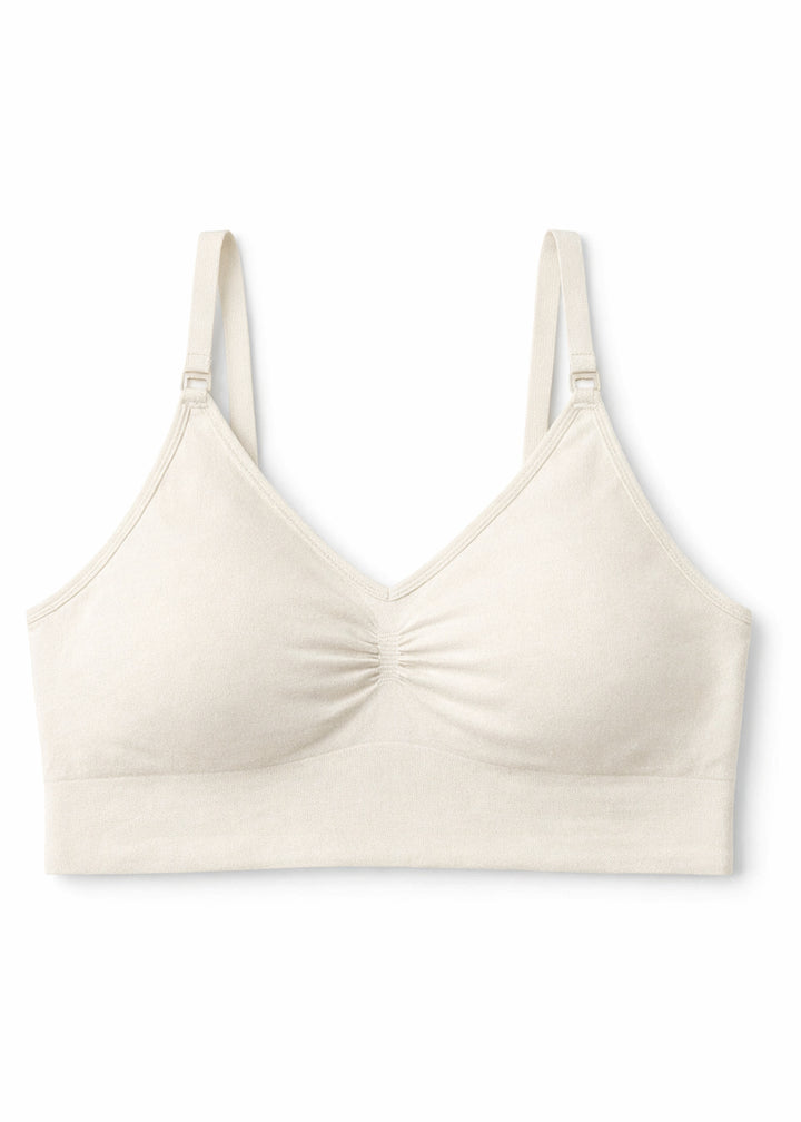 Organic cotton seamless clip-down nursing bra in Natural — flat lay
