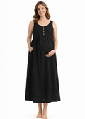 Sleeveless Empire-Waist Linen Maternity Maxi Dress in Linen in Black — on model
