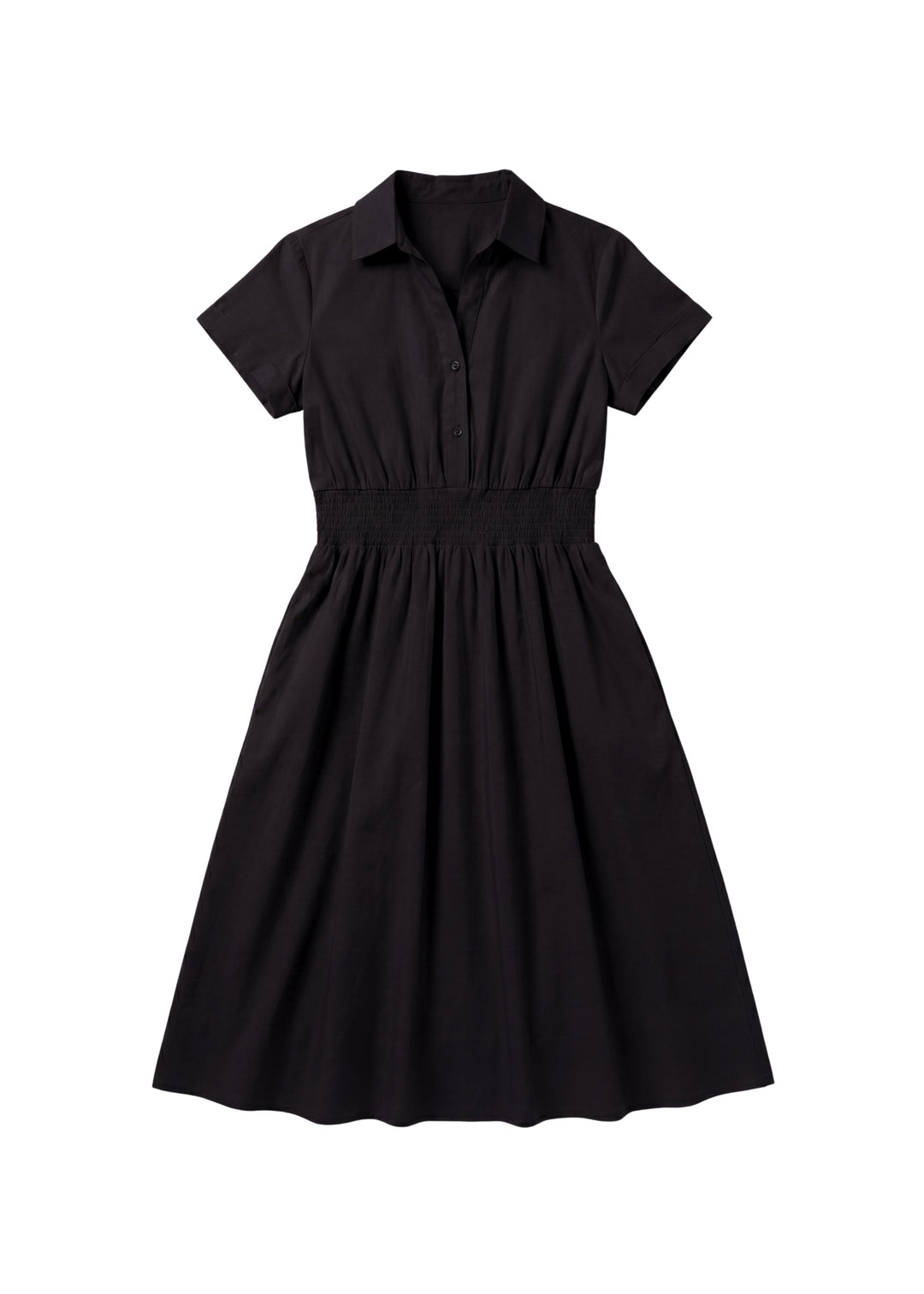 Black cotton poplin Sarah shirt dress with short sleeves, collar, and shirred elastic waist.