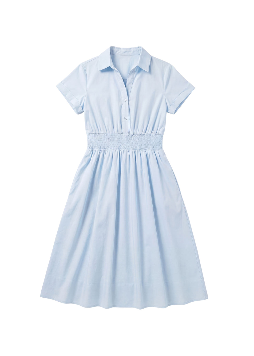 Light blue cotton poplin Sarah Shirt Dress with short sleeves, collar, button placket, and shirred elastic waist.