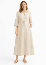 Gathered Empire-Waist Linen Midi Dress in Linen in Natural — on model