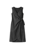 Sleeveless Ruched-Side Linen Wrap Dress in Linen
