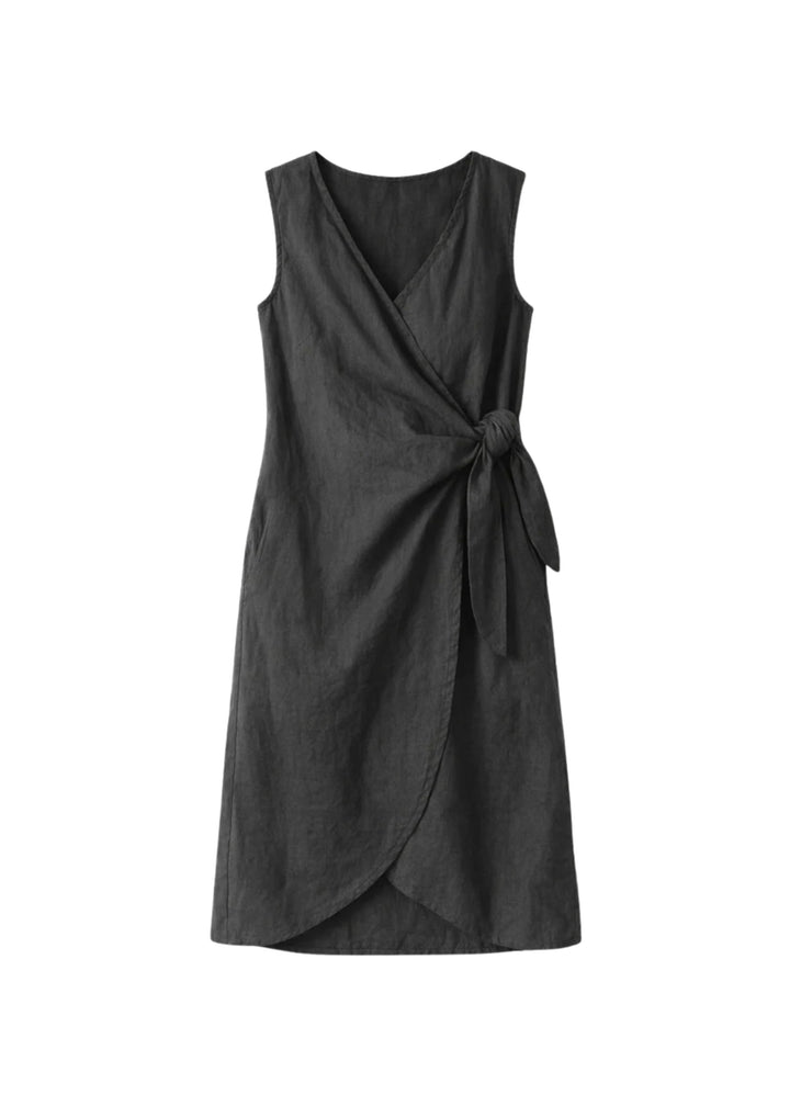 Sleeveless Ruched-Side Linen Wrap Dress in Linen