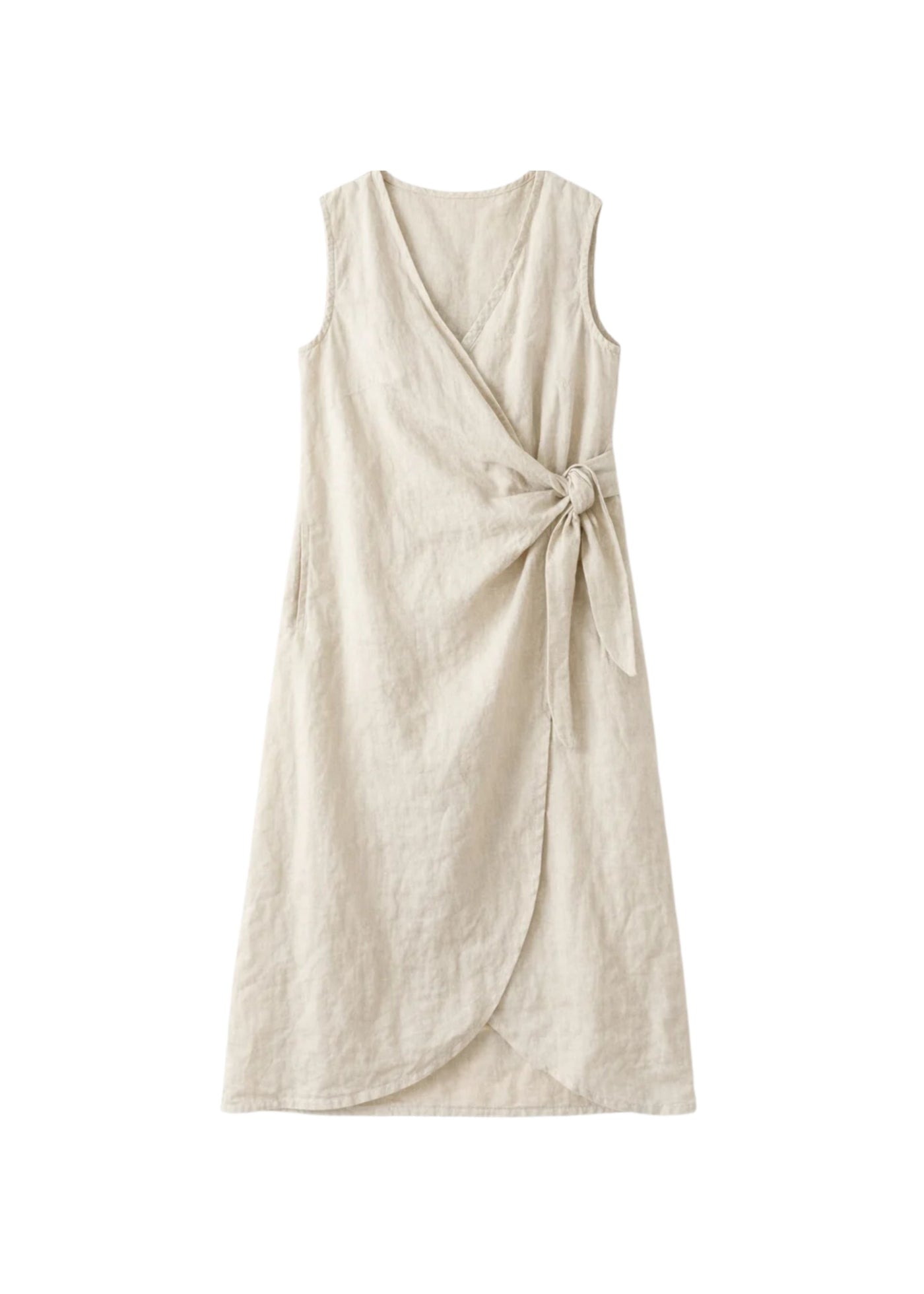Sleeveless Ruched-Side Linen Wrap Dress in Linen