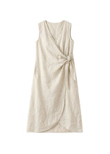 Sleeveless Ruched-Side Linen Wrap Dress in Linen