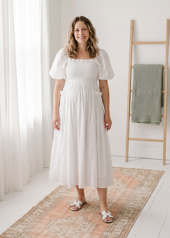 Smocked Puff Sleeve Dress In Cotton