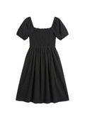 Smocked Short Sleeve Midi Dress in Cotton/Linen