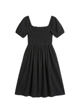 Smocked Short Sleeve Midi Dress in Cotton/Linen