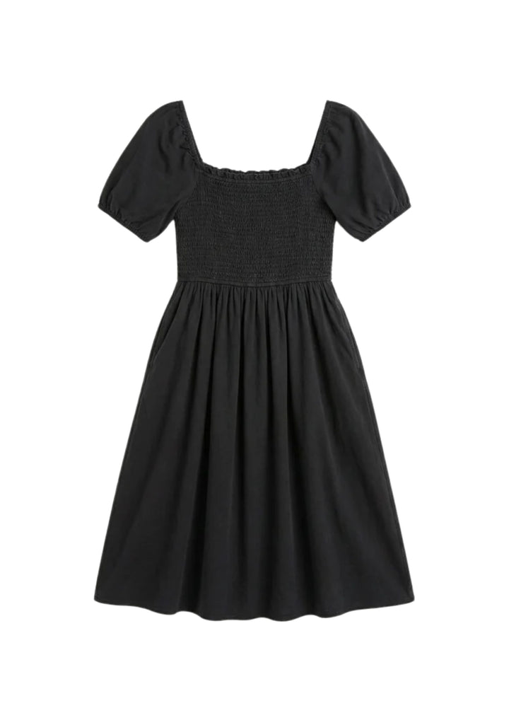 Smocked Short Sleeve Midi Dress in Cotton/Linen