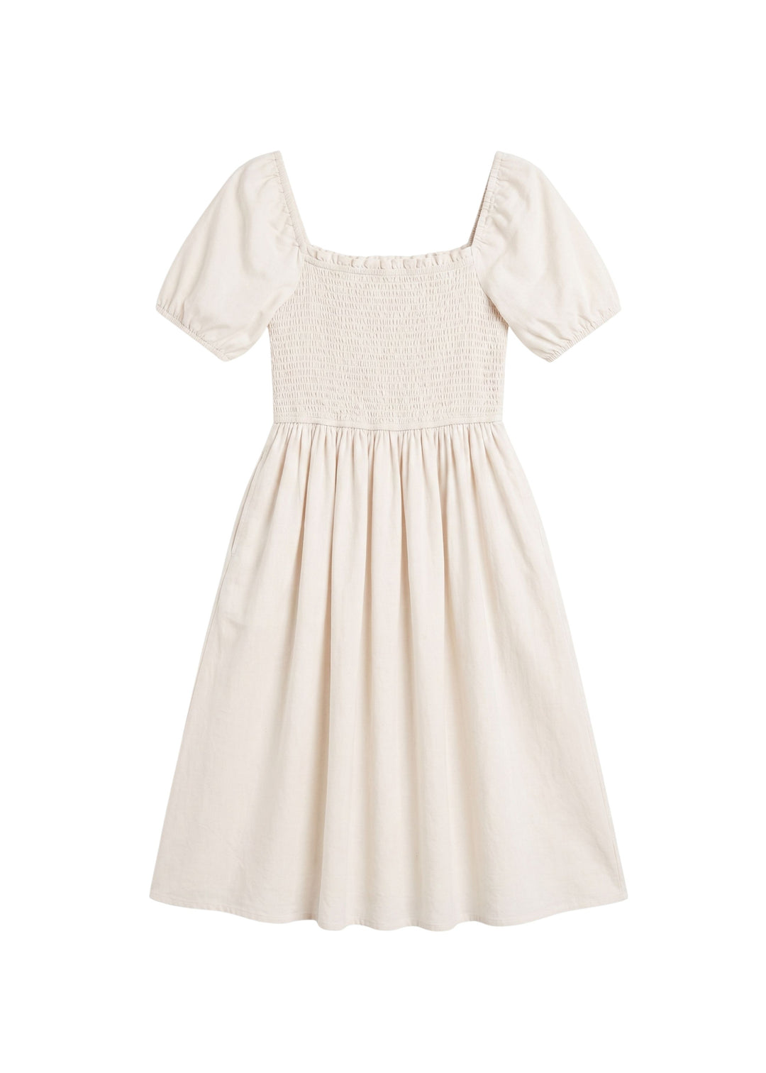 Smocked Short Sleeve Midi Dress in Cotton/Linen