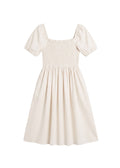 Smocked Short Sleeve Midi Dress in Cotton/Linen