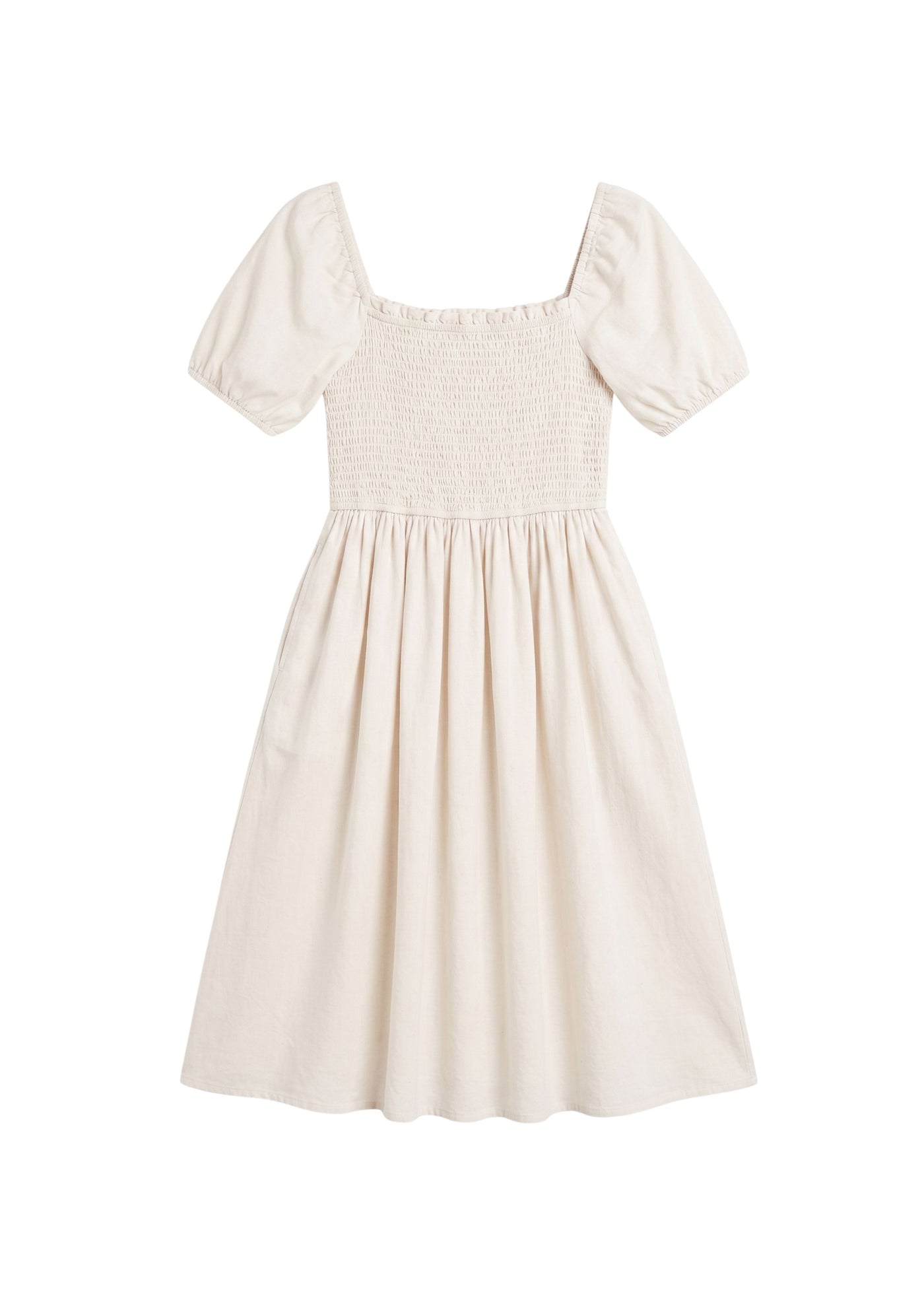 Smocked Short Sleeve Midi Dress in Cotton/Linen
