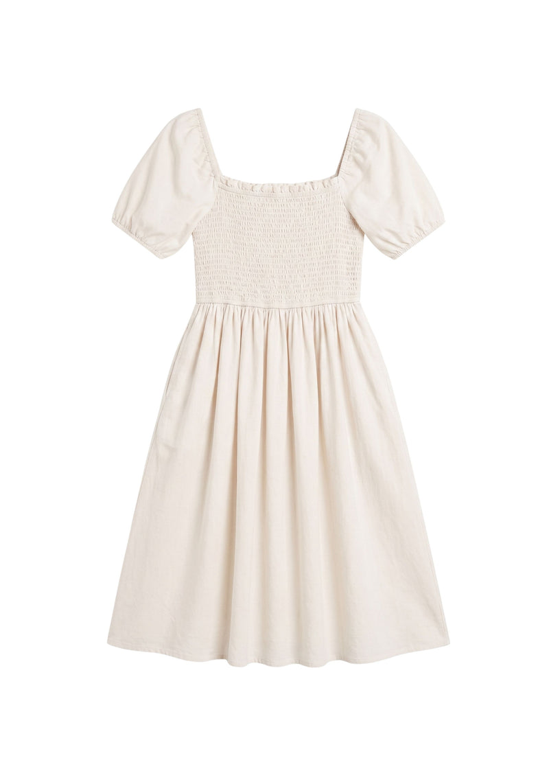 Smocked Short Sleeve Midi Dress in Cotton/Linen