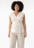 Cropped Drop-Shoulder Linen Wrap Top in Natural — on model