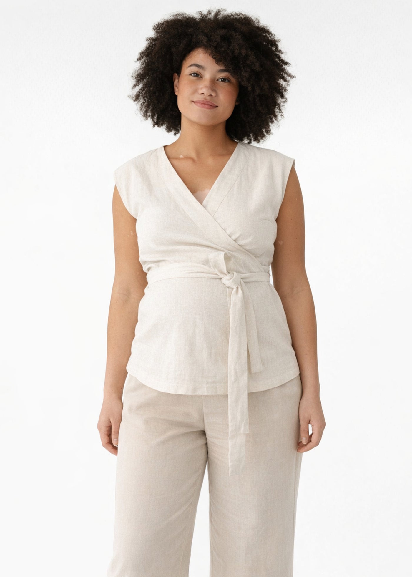 Cropped Drop-Shoulder Linen Wrap Top in Natural — on model