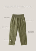 Olive green straight leg maternity trousers in a linen/cotton blend with an elastic waistband and functional pockets.