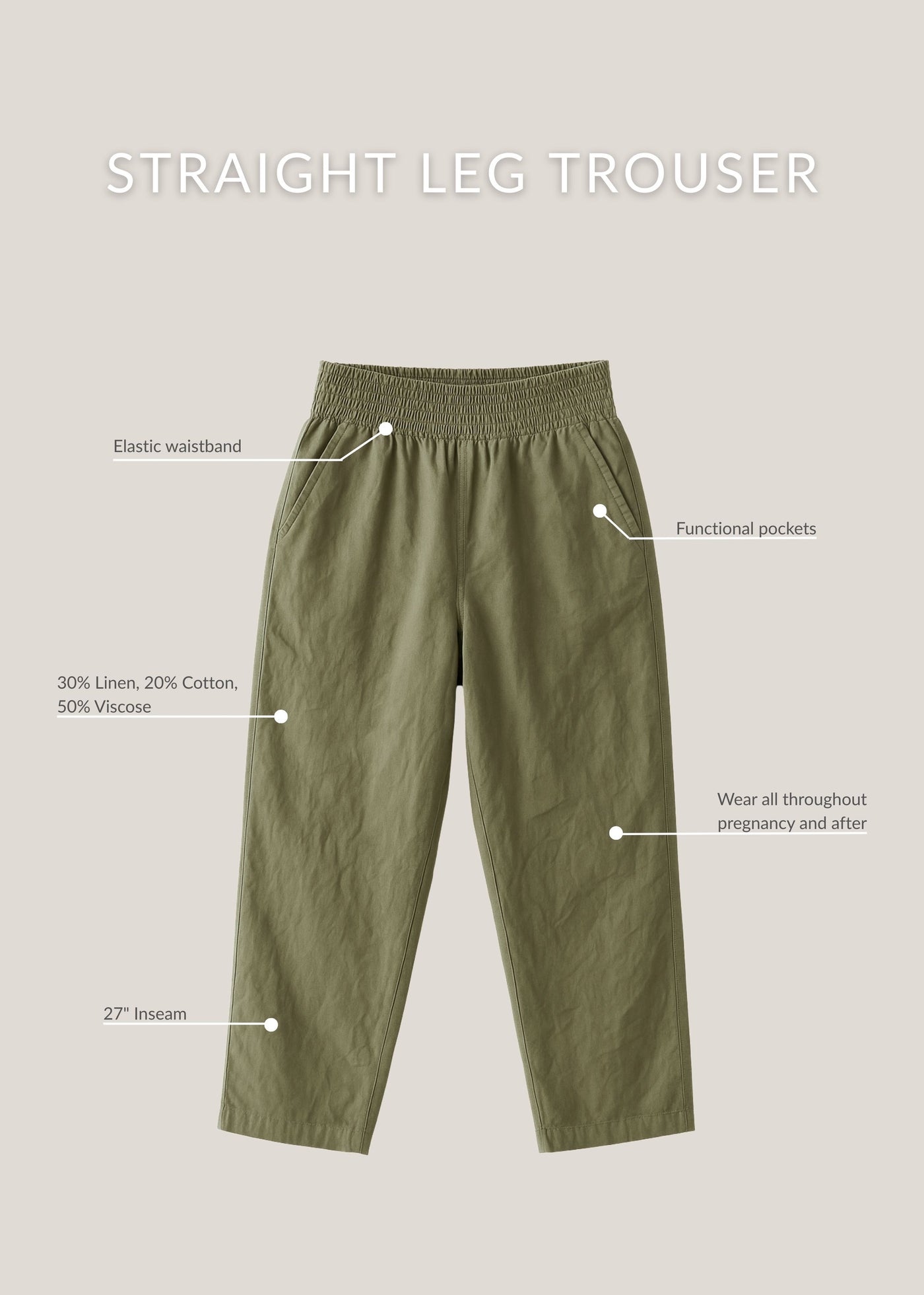 Olive green straight leg maternity trousers in a linen/cotton blend with an elastic waistband and functional pockets.