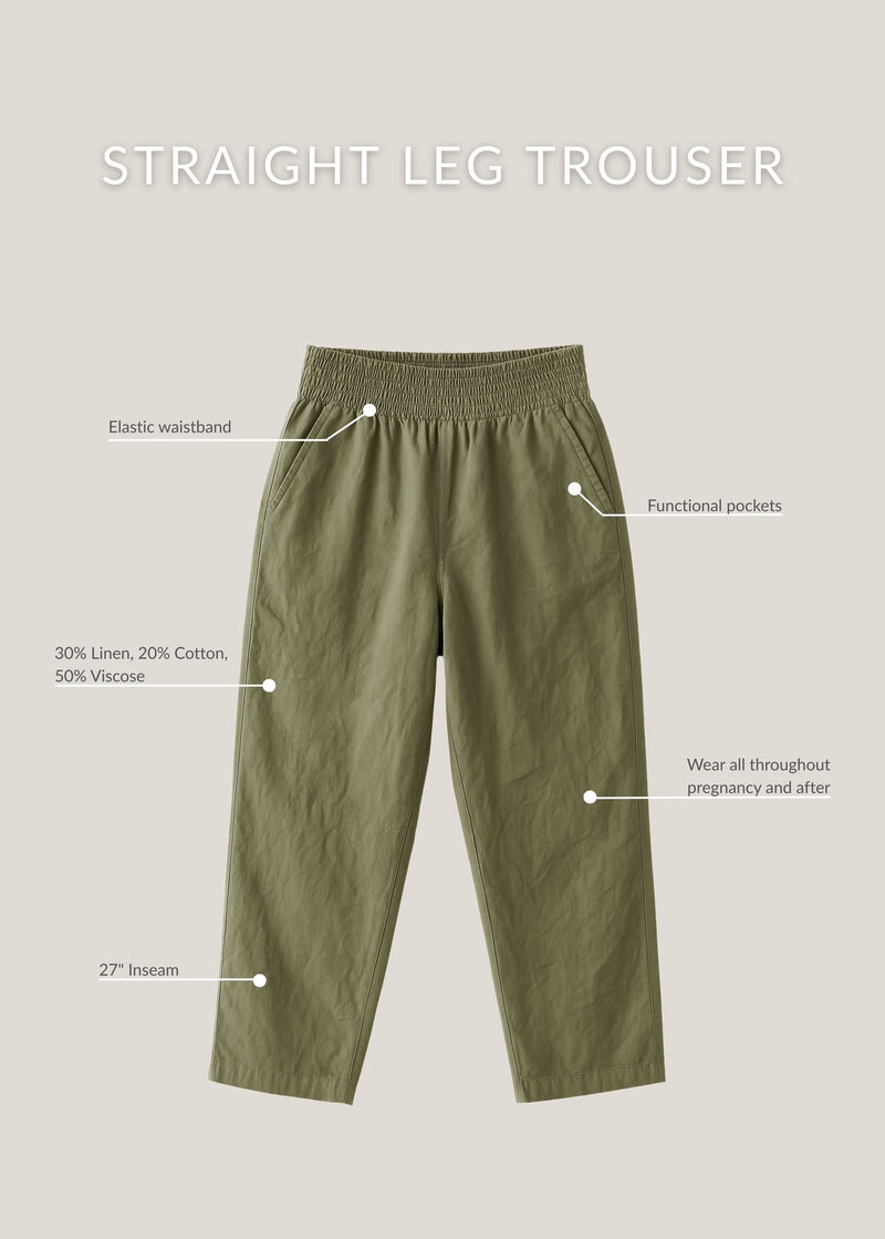 Olive green straight leg maternity trousers in a linen/cotton blend with an elastic waistband and functional pockets.