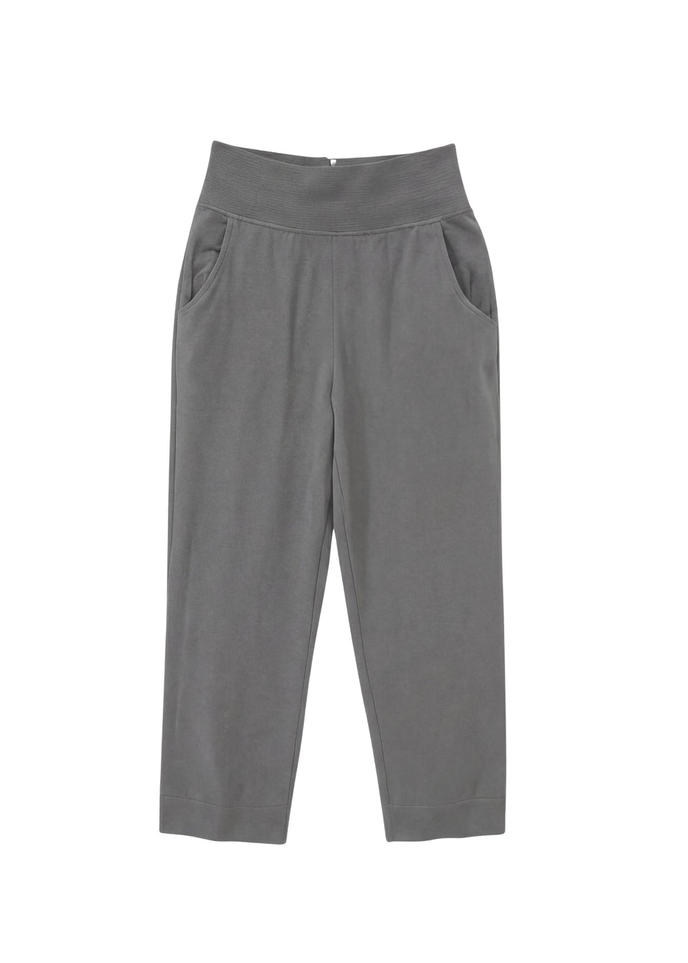 Grey cotton viscose knit sweater pant with high-rise ribbed waist and side pockets.