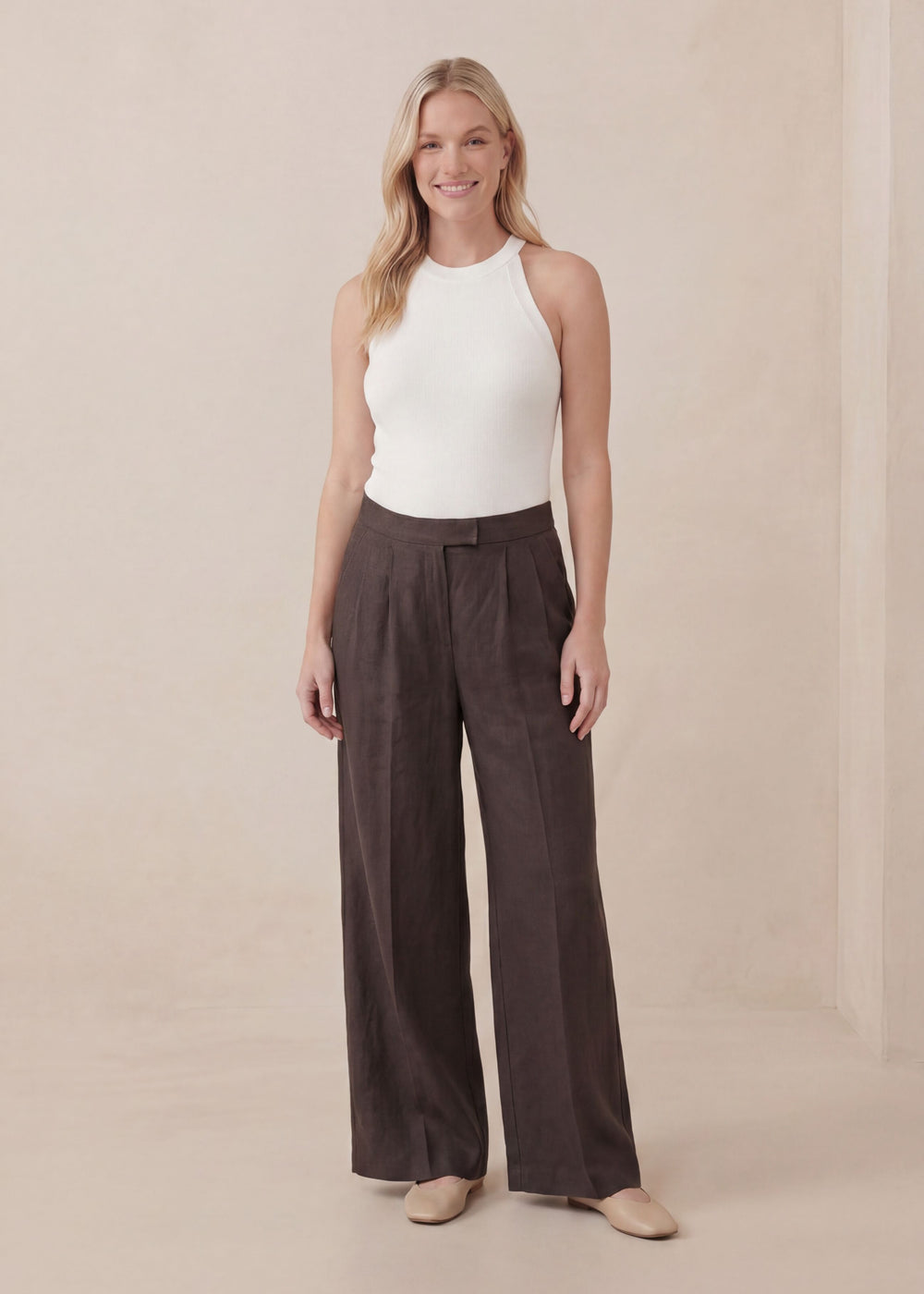 Model wearing the Tailored Wide Leg Pant in Linen — polished wide-leg maternity trouser