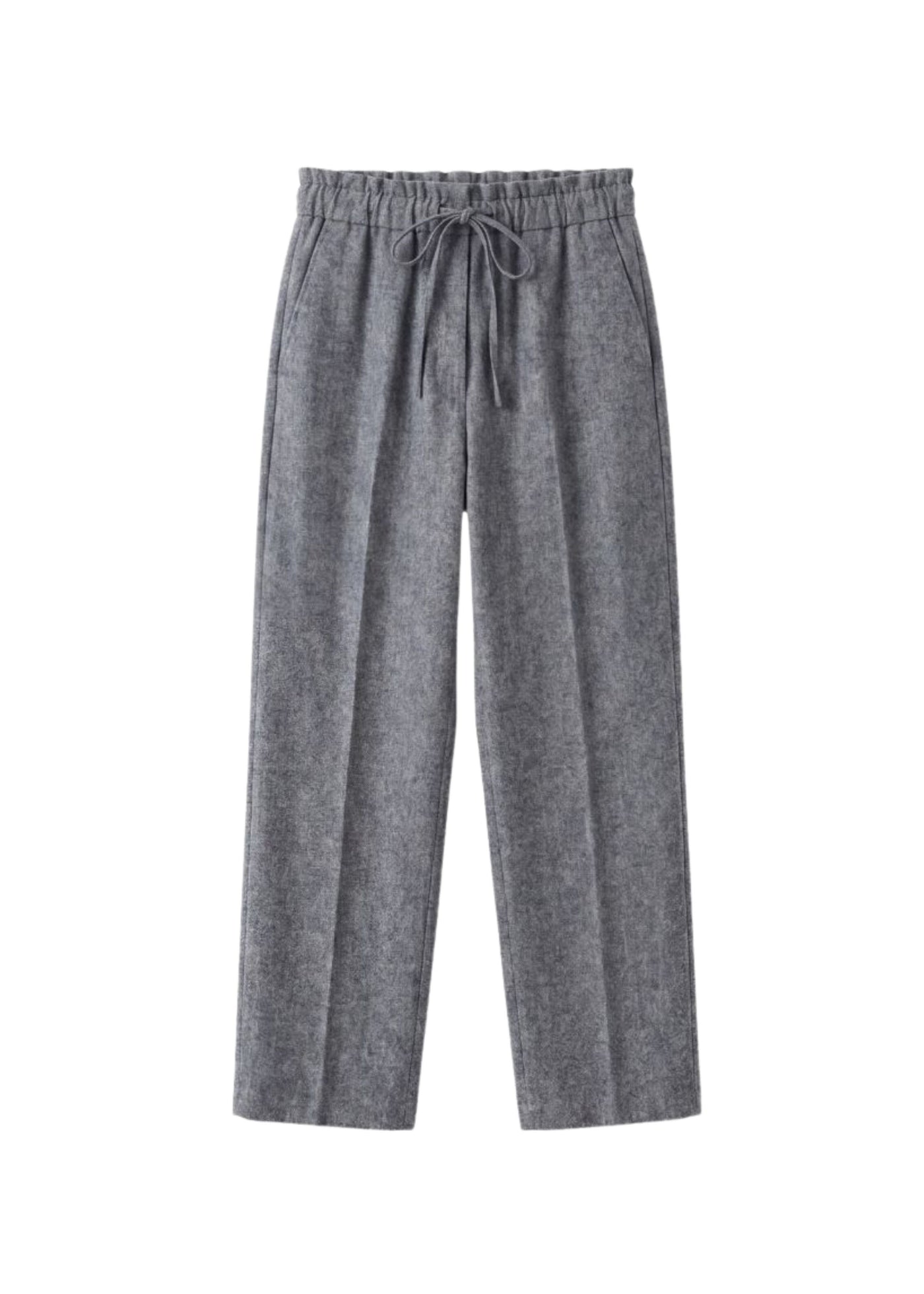 Gray tapered drawstring sweatpants with an adjustable waistband and functional pockets.