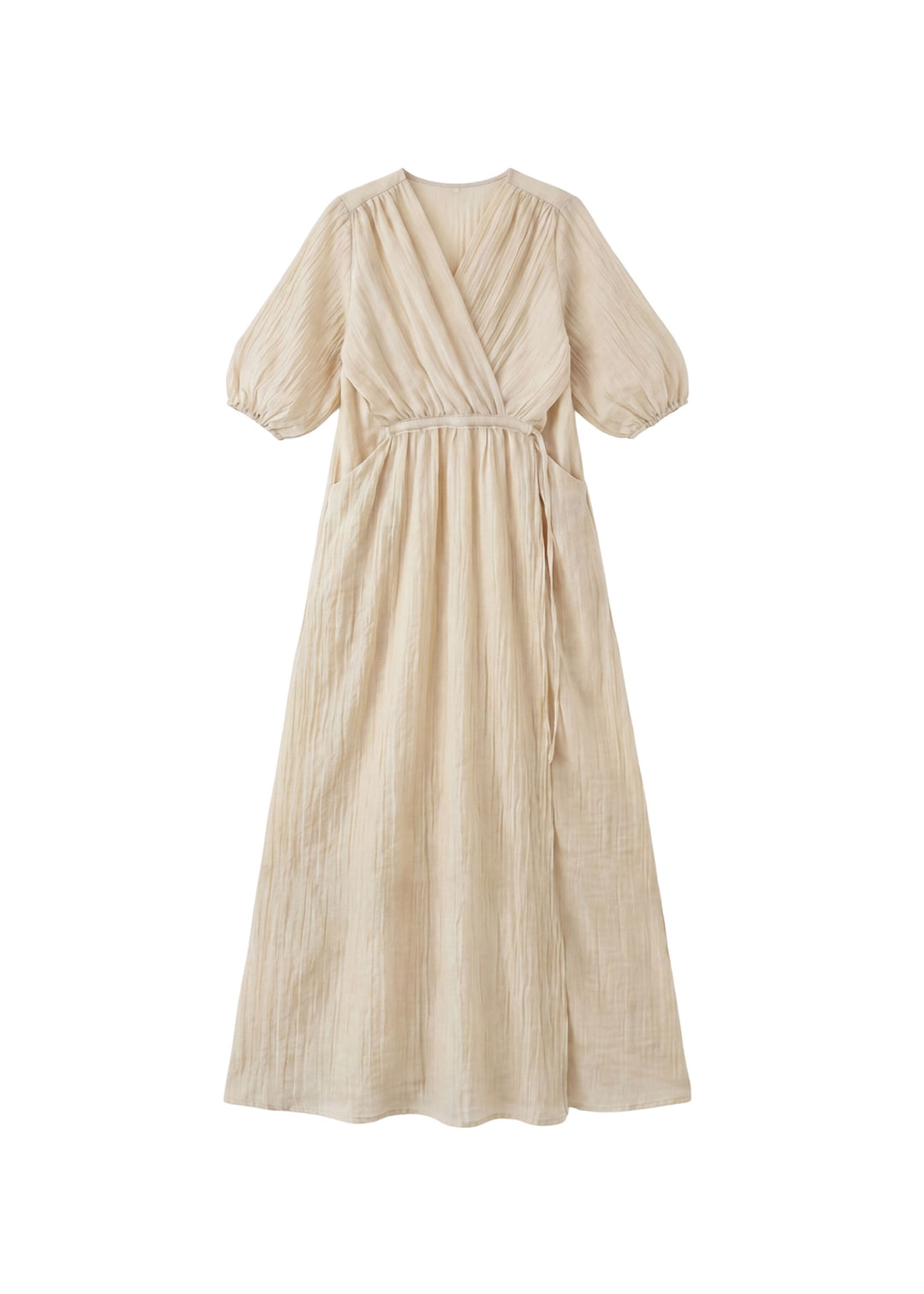 Beige textured crossover maxi dress with puff sleeves, V-neck, and waist tie.