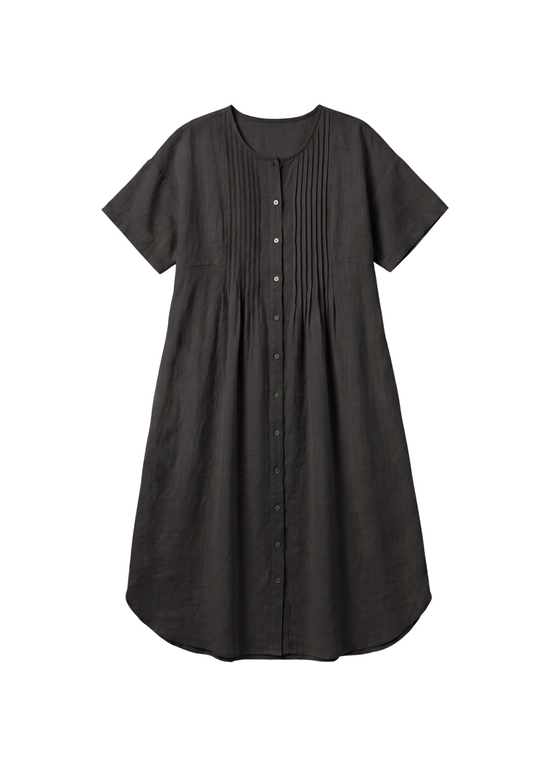 Pleated Button-Front Linen Midi Dress in Linen in Black — flat lay