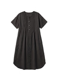 Pleated Button-Front Linen Midi Dress in Linen in Black — flat lay