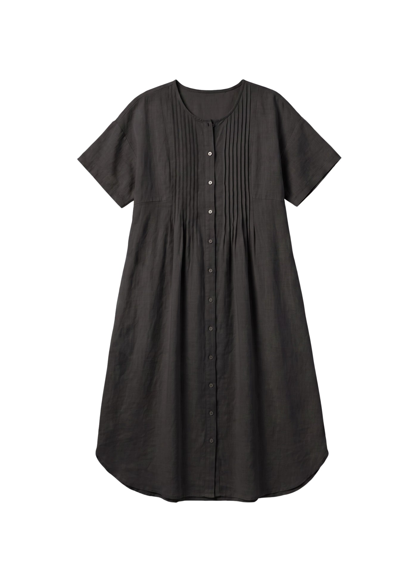 Pleated Button-Front Linen Midi Dress in Linen in Black — flat lay