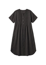 Pleated Button-Front Linen Midi Dress in Linen in Black — flat lay