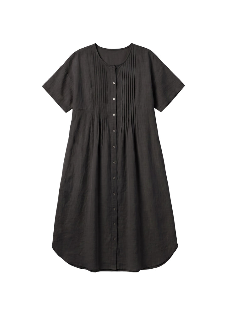 Pleated Button-Front Linen Midi Dress in Linen in Black — flat lay