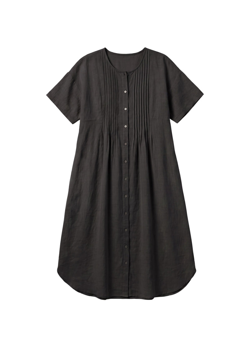Pleated Button-Front Linen Midi Dress in Linen in Black — flat lay