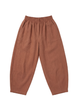 Brown linen/cotton Everyday Barrel Pant with an elastic waistband and deep functional pockets.
