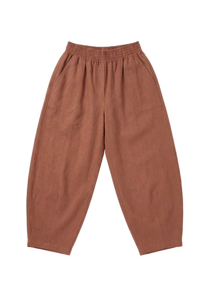 Brown linen/cotton Everyday Barrel Pant with an elastic waistband and deep functional pockets.