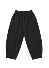 Black linen/cotton Everyday Barrel Pant with an elastic waistband and deep functional pockets.